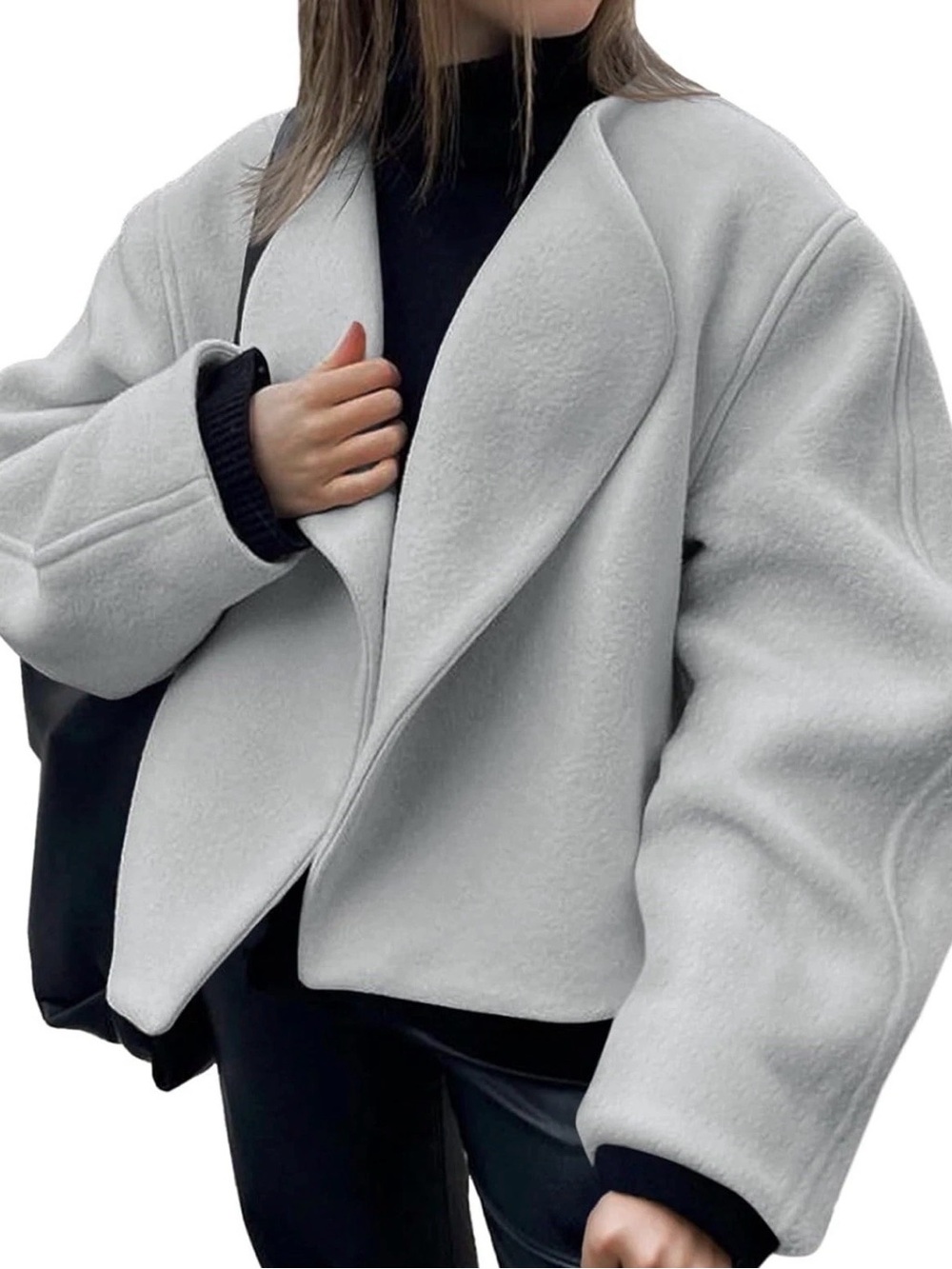 Womens Oversized Cropped Pea Coat Lapel Open Front Jacket Winter Short (M)